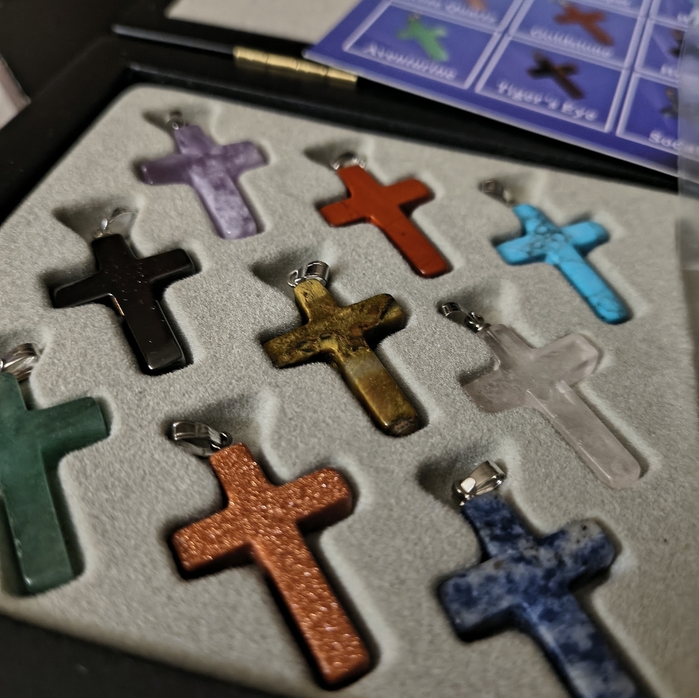 9 Stone Cross Gemstone Pendants Two Silver Chains And Wooden Case